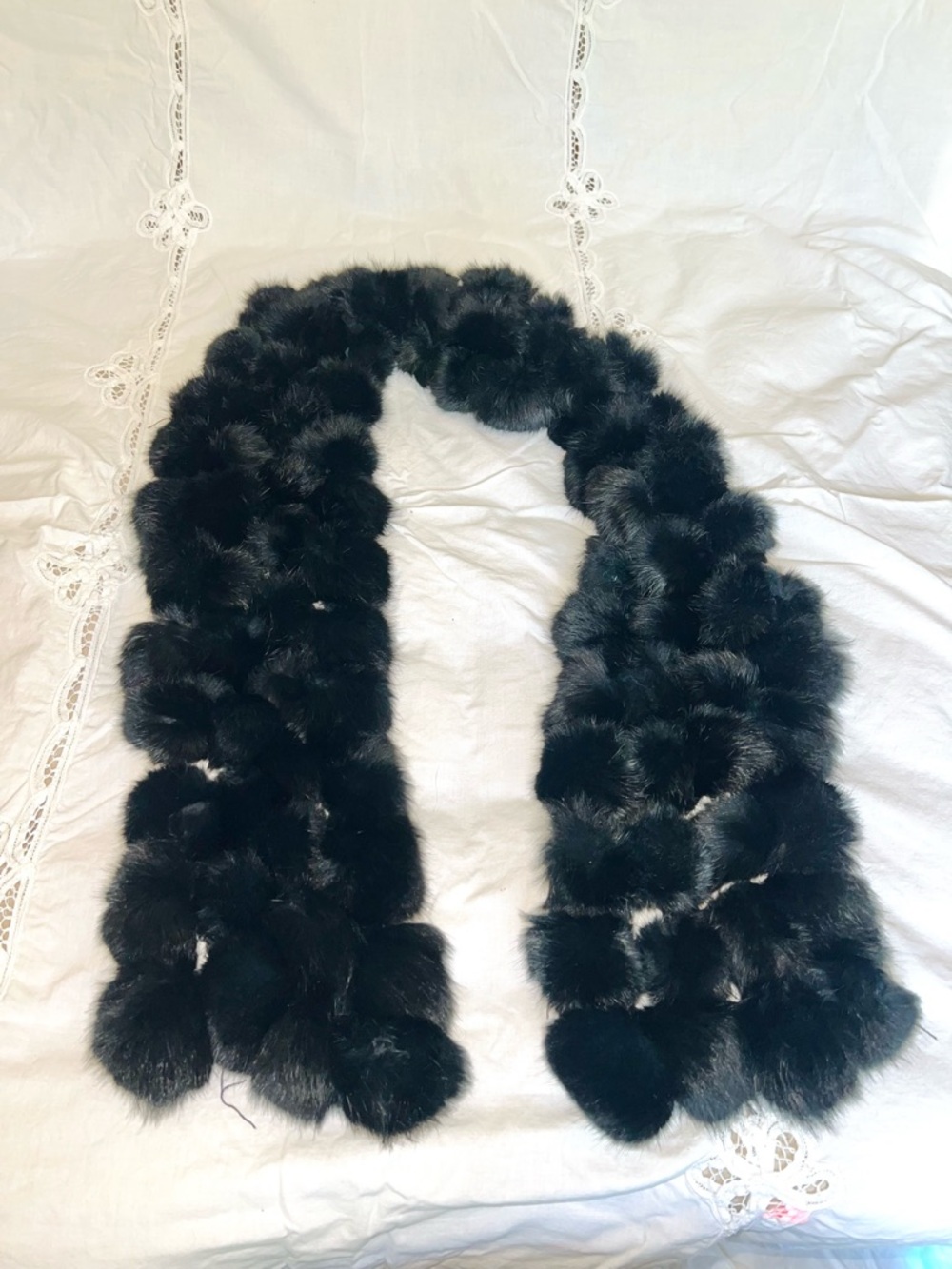 Black Angora Rabbit Fur Pom Pom Scarf - Women's Luxury Winter Accessory